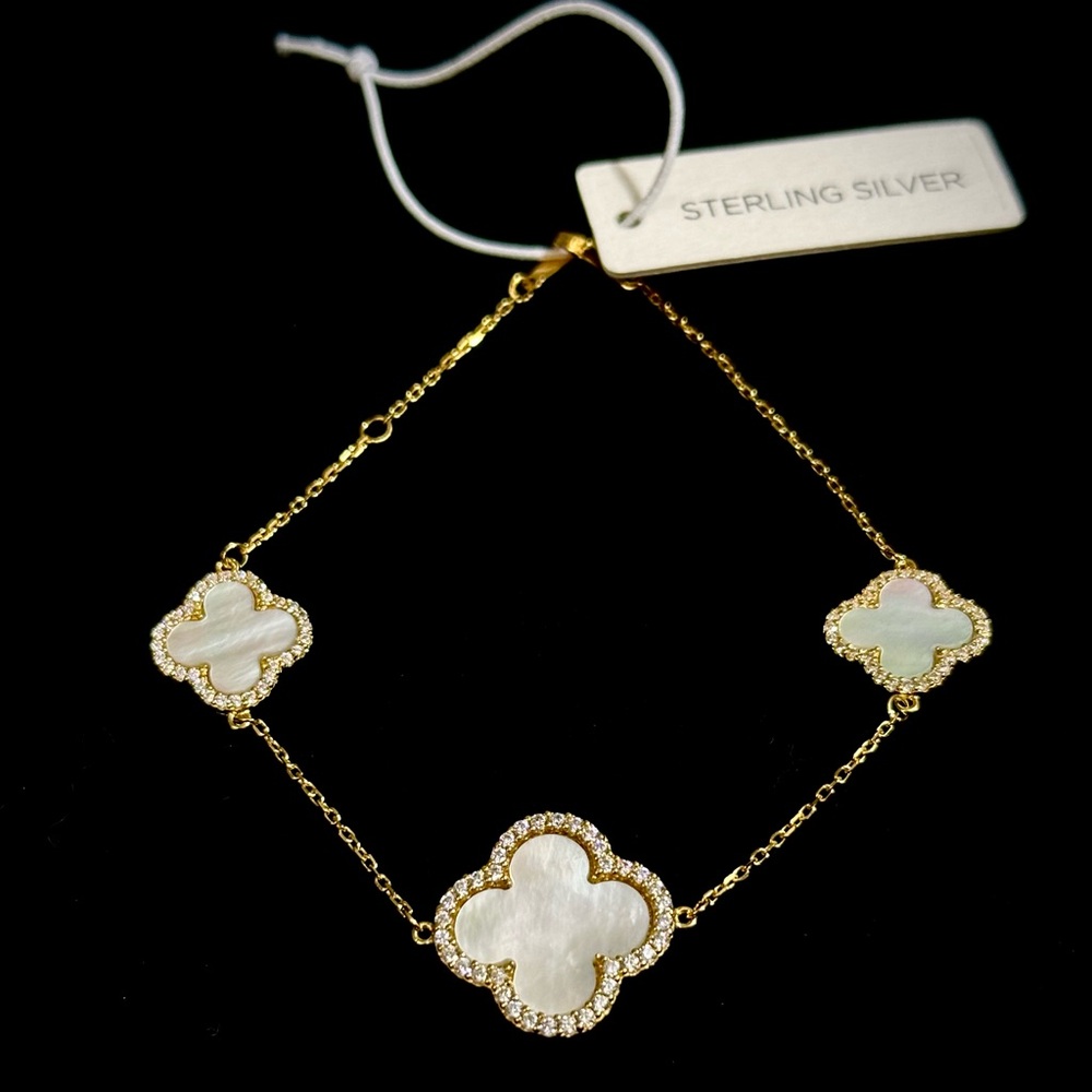 *SOLD!* Rachel Zoe 18k Gold/Sterling Silver Mother of Pearl Pave Clover Bracelet